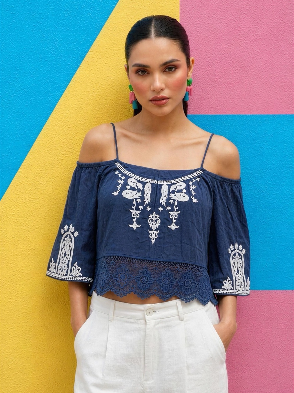 Ecote Off The Shoulder Crochet Knit Embroidered Blouse Blue Top Size Medium